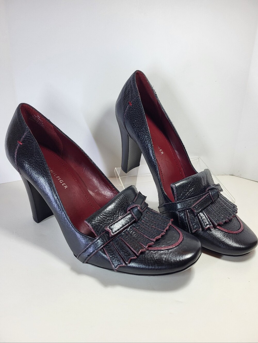 Tommy Hilfiger Kiltie Pumps SHOES Womens Size 8 M Black Leather High Heels